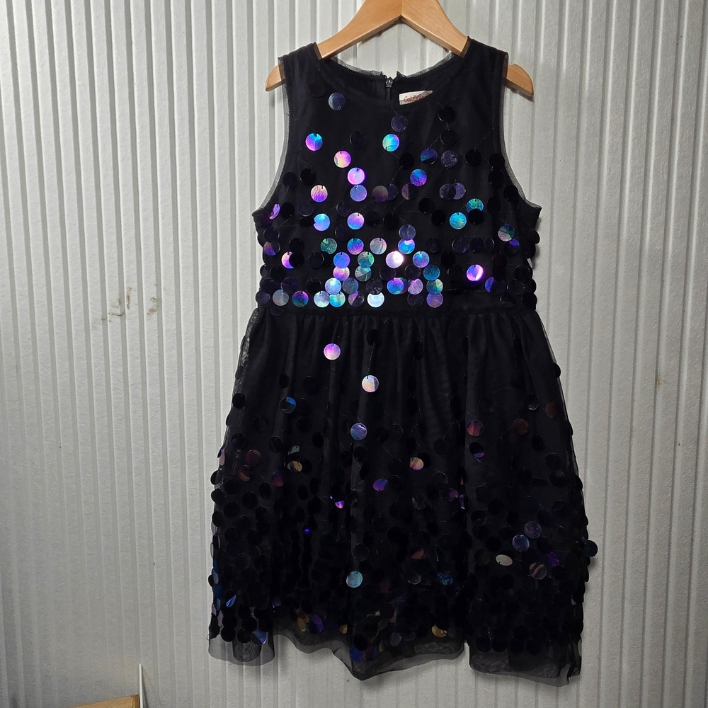 Cat & Jack Girls Black Iridescent Sequin Mesh Party Dress Size M 7/8 Sleeveless